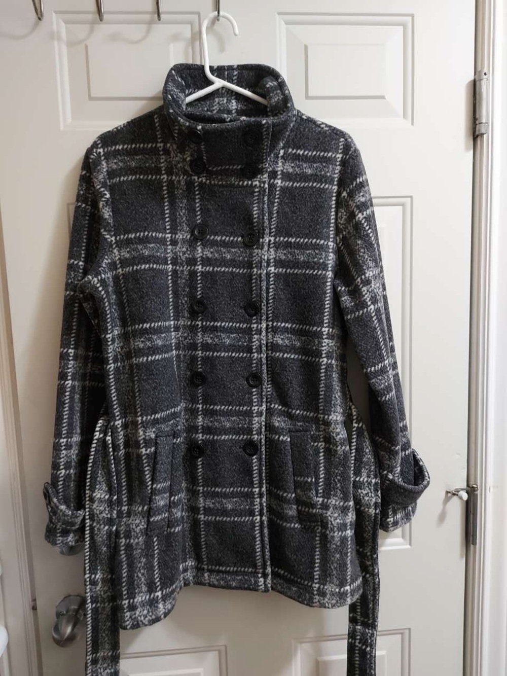Grey and white plaid peacoat